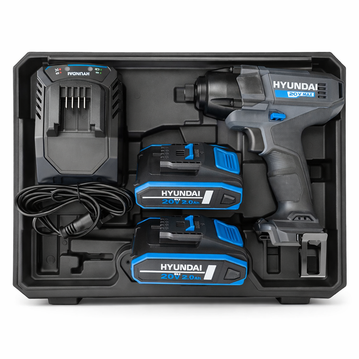 Hyundai 20V Cordless Impact Driver Kit – 180Nm Torque, LED, 2 x 2Ah Battery, 1 x Charger, 1 x Hard Case (ID20S-180T2T)