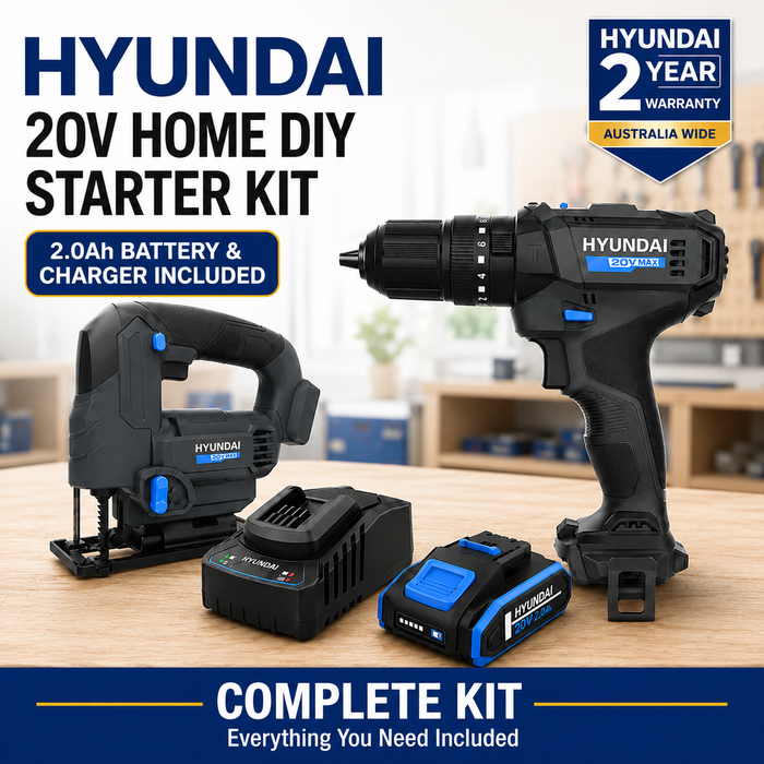 Hyundai 20V Home DIY Starter Kit – Hammer Drill, Jigsaw, 2.0Ah Battery & Fast Charger – Complete Cordless Renovation Kit