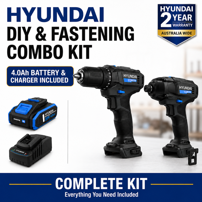 Hyundai 20V DIY & Fastening Combo Kit - Hammer Drill & Impact Driver + 4Amp Battery and Charger - Home Improvement Combo Kit