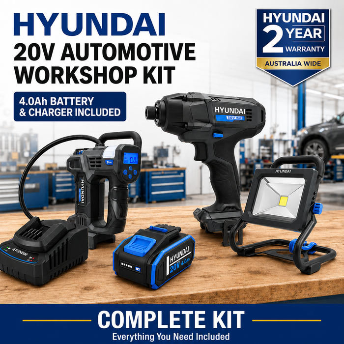 Hyundai 20V Automotive Workshop Kit – Impact Driver, Tyre Inflator, LED Work Light, 4.0Ah Battery & Fast Charger – Complete Garage Kit