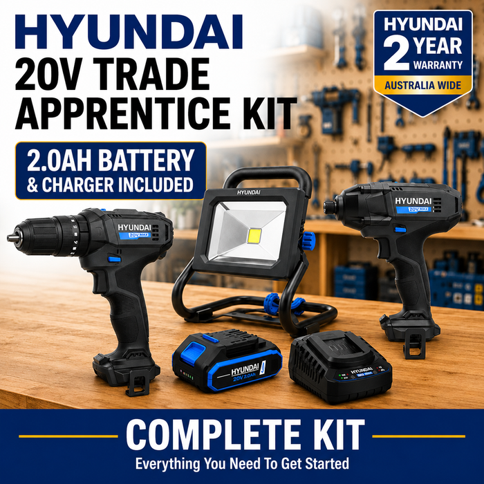 Hyundai 20V Trade Apprentice Kit – Hammer Drill, Impact Driver, LED Work Light, 2.0Ah Battery & Fast Charger – Complete Cordless Starter Kit