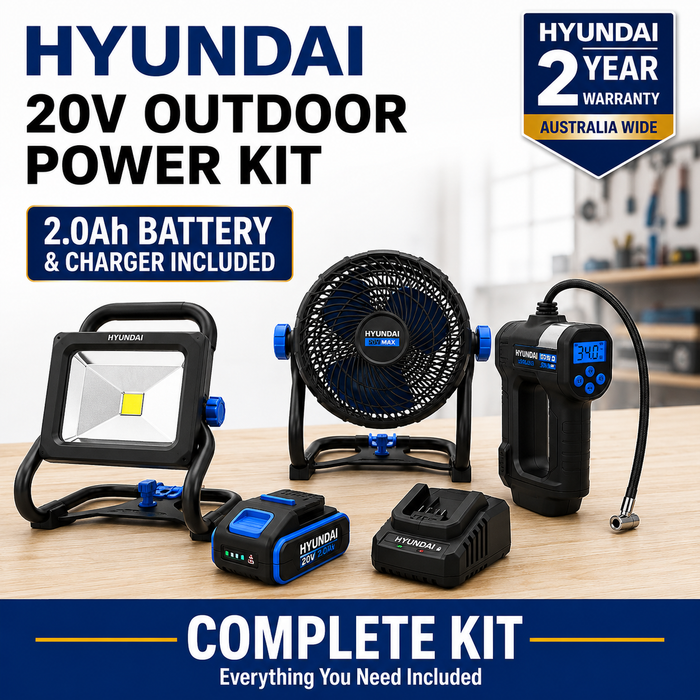 Hyundai 20V Outdoor Power Kit – Fan, LED Work Light, Tyre Inflator, 2.0Ah Battery & Fast Charger – Portable Outdoor Power Kit