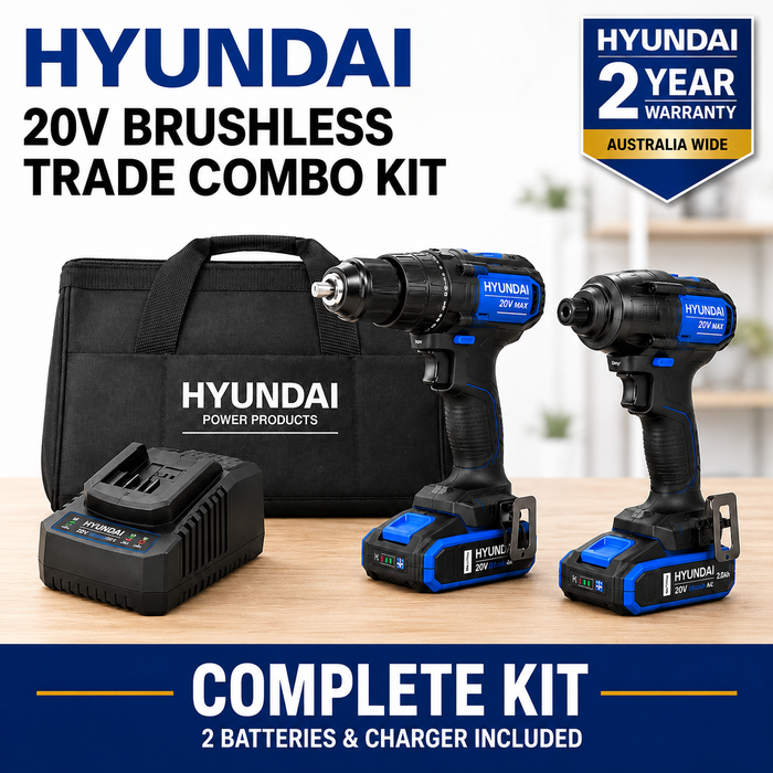 Hyundai 20V Brushless Trade Combo Kit - Brushless Drill & Impact Driver + 2 x 2Ah Batteries and Charger - Premium Trade Starter Kit