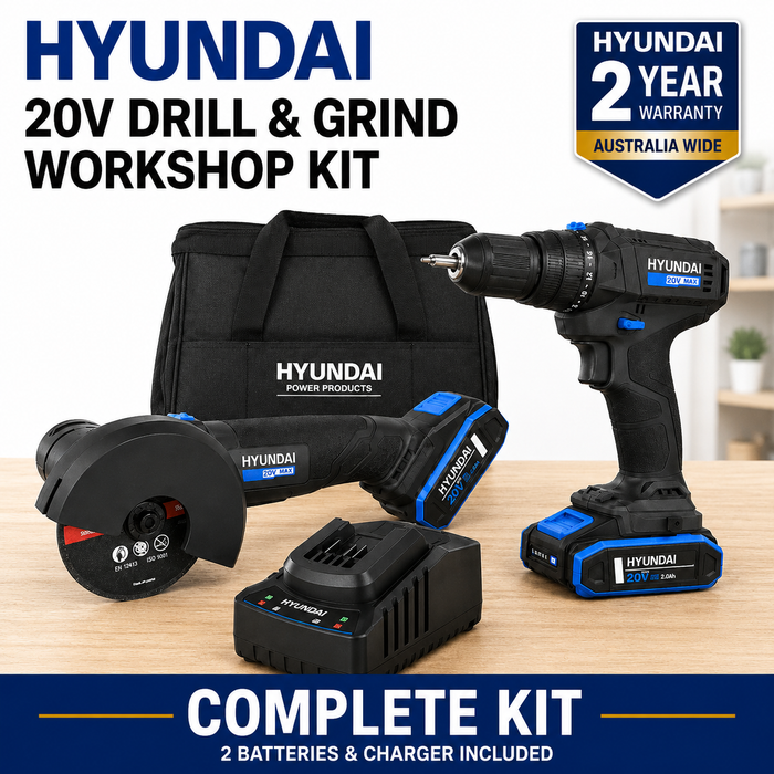 Hyundai 20V Drill & Grind Workshop Combo Kit - Brushless Hammer Drill & Angle Grinder + 2.0Ah & 4.0Ah Batteries and Charger - Metalworking / Workshop Kit