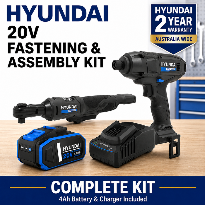 Hyundai 20V Fastening & Assembly Kit - Impact Driver & Ratchet Wrench + 4Amp Battery and Charger - Automotive Fastening Kit