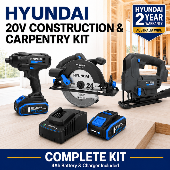 Hyundai 20V Construction & Carpentry Kit - Impact Driver, Circular Saw & Jig Saw + 4Amp Battery + Charger - Builder's Combo Kit