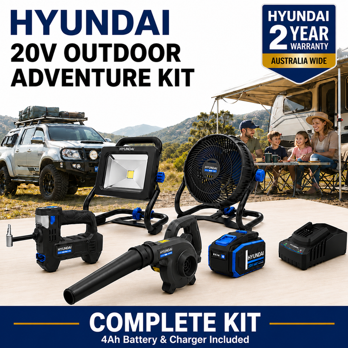 Hyundai 20V Outdoor Adventure Kit - Tyre Inflator, Blower, Fan & LED Work Light + 4Amp Battery and Charger - Outdoor Adventure Kit