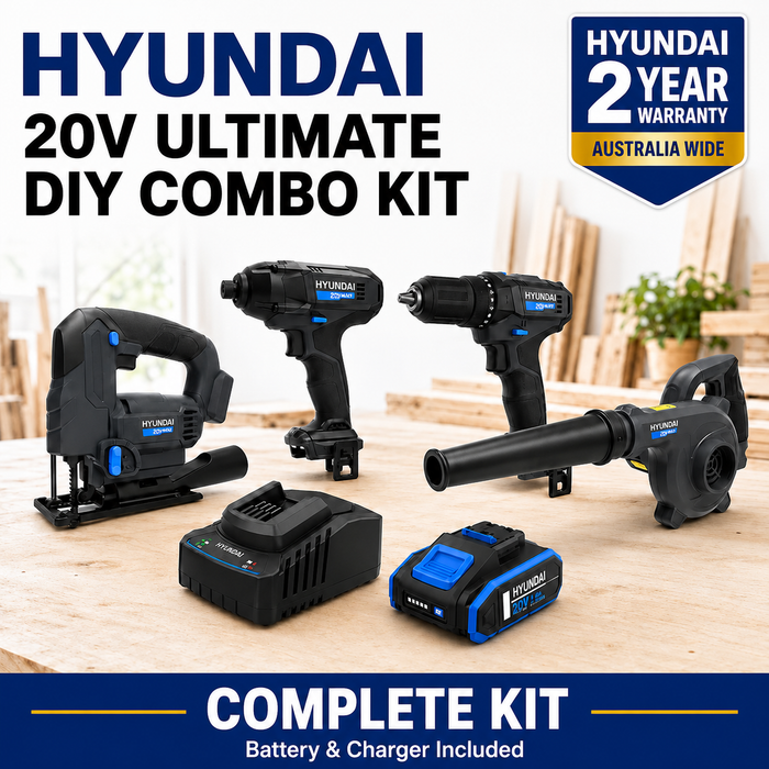 Hyundai 20V Ultimate DIY Combo Kit - Hammer Drill, Impact Driver, Jig Saw & Blower + 1 x 2Amp Battery and Charger = Home Renovation Kit