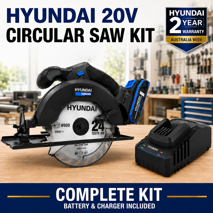 Hyundai 20V Cordless Circular Saw Kit – 165mm Blade, Bevel Cuts, Dust Port + 20V 2Ah Lithium-Ion Battery & Charger Kit