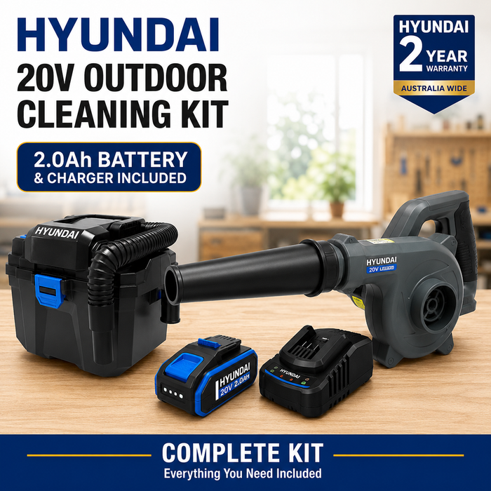 Hyundai 20V Outdoor Cleaning Kit – Workshop Blower, Vacuum, 2.0Ah Battery & Fast Charger – Cordless Garage & Workshop Cleaning Kit
