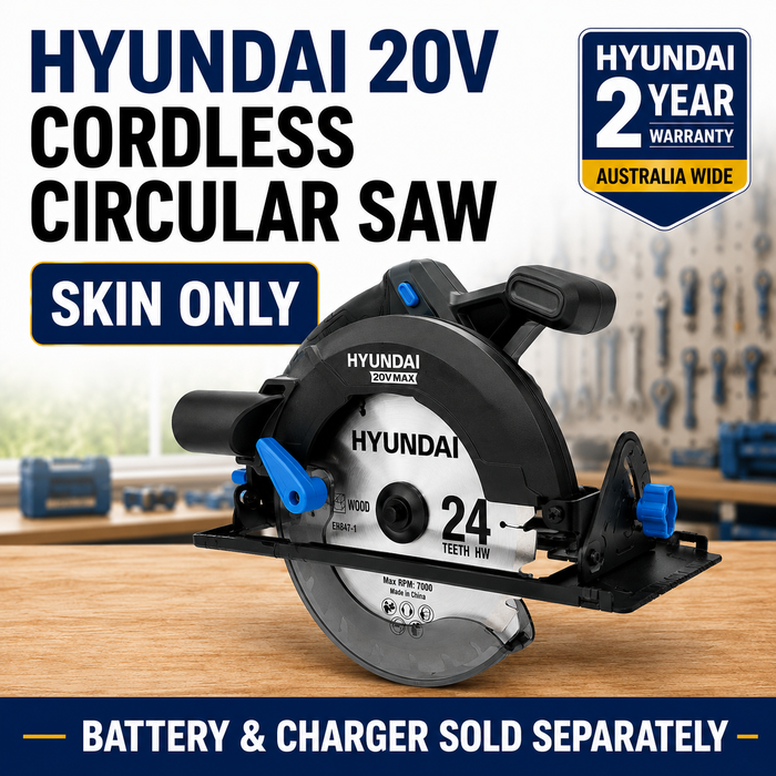 Hyundai 20V Cordless Circular Saw – 165mm Blade, Bevel Cuts, Dust Port – Skin Only