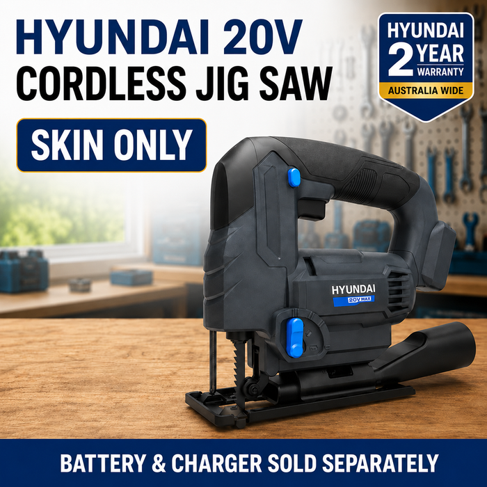 Hyundai 20V Cordless Jig Saw – Variable Speed, Tool-Free Blade, 45° Bevel, Dust Adapter - Skin Only
