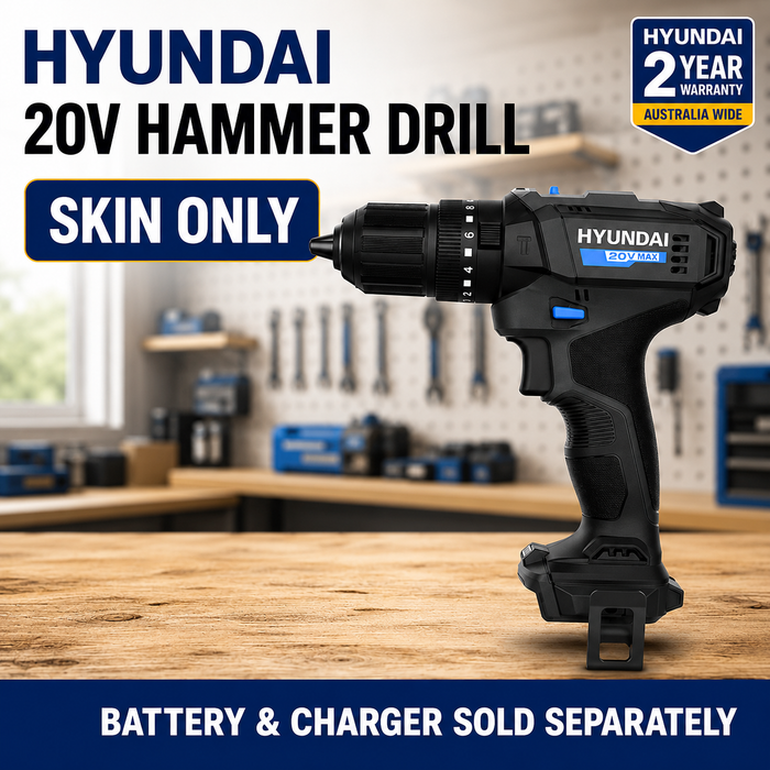 Hyundai 20V Cordless Hammer Drill – 2-Speed, 50Nm Torque, LED - Skin Only
