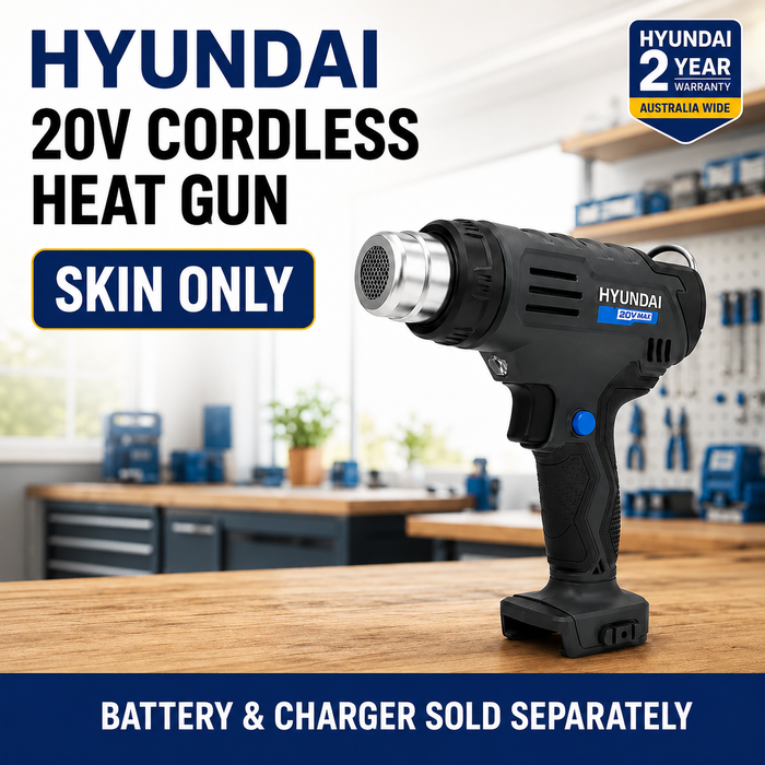 Hyundai 20V Cordless Heat Gun – 2 Temp Settings (350°C/550°C), Auto Cooldown, Lock-On Switch – Skin Only