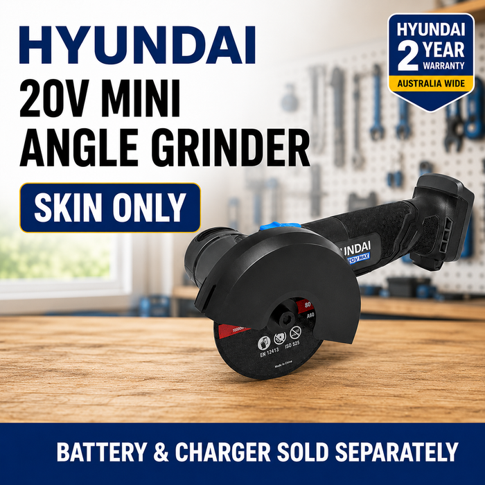 Hyundai 20V Mini Angle Grinder – 19500rpm, 76mm Disc, Tool-Free Guard - Skin Only