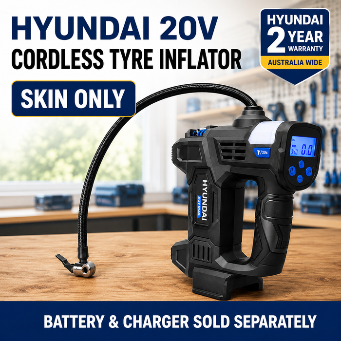 Hyundai 20V Cordless Tyre Inflator – Digital PSI Gauge, Auto Shutoff, Work Light & Emergency Beacon – Skin Only