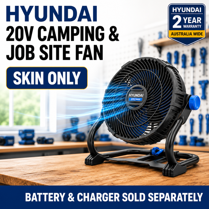 Hyundai 20V Cordless Camping & Job Site Fan – 360° Adjustable Head, Dual Speed, Wall-Mountable – SKin Only