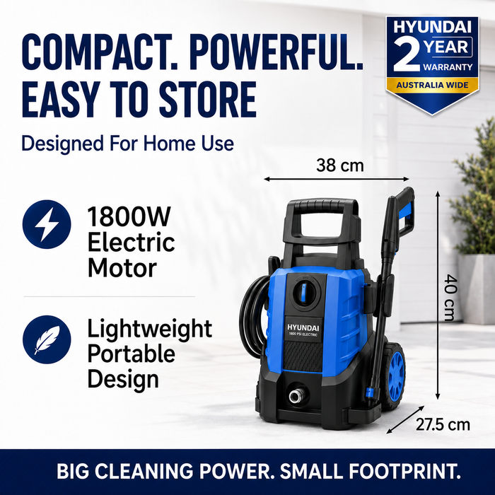 Hyundai 1958 PSI Electric Pressure Washer – 1800W Power Cleaner for Cars, Driveways & Patios, Turbo Nozzles + Patio Cleaner Kit