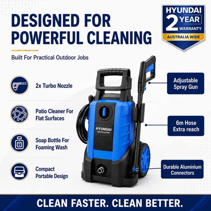 Hyundai 1958 PSI Electric Pressure Washer – 1800W Power Cleaner for Cars, Driveways & Patios, Turbo Nozzles + Patio Cleaner Kit