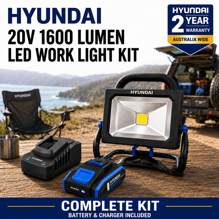 Hyundai 20V Portable LED Work Light Kit – 1600 Lumen Flood Light + 2.0Ah Battery & Fast Charger - DIY, Garage, 4WD & Camping Essential