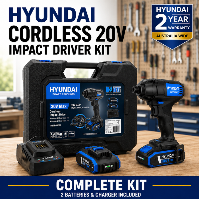 Hyundai 20V Cordless Impact Driver Kit – 180Nm Torque, LED, 2 x 2Ah Battery, 1 x Charger, 1 x Hard Case