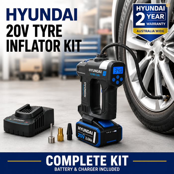 Hyundai 20V Cordless Tyre Inflator Kit – 150 PSI Digital Air Compressor, 2.0Ah Battery &amp; Fast Charger Included – Portable Car, Bike &amp; Camping Inflator