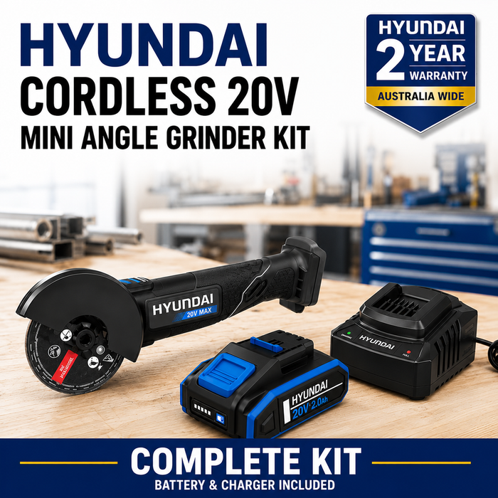 Hyundai 20V Cordless Angle Grinder Kit – Cut Metal, Tile & Bolts Anywhere | Includes 2.0Ah Battery + Charger