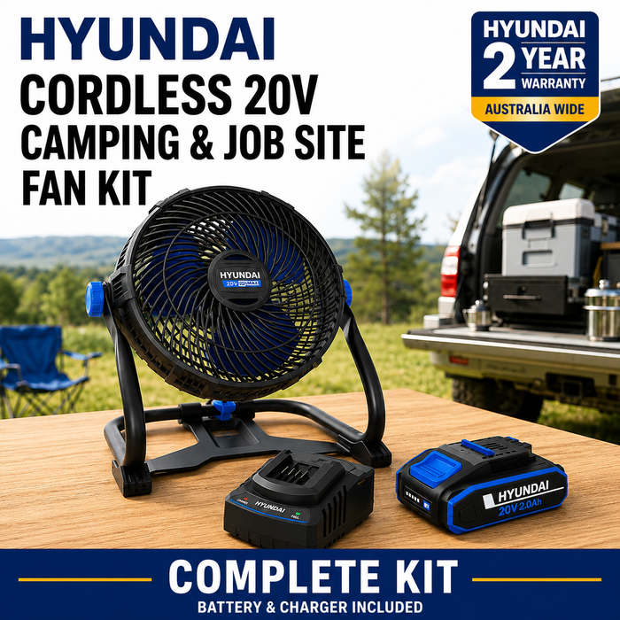 Hyundai 20V Cordless Camping & Job Site Fan Kit – 360° Adjustable Airflow, Dual Speed Cooling for Camping, Workshop & Garage