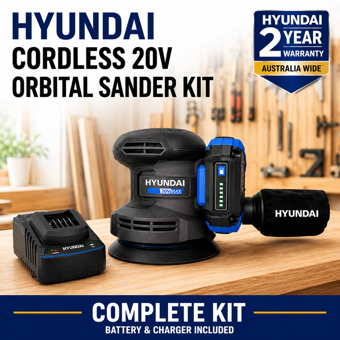 Hyundai 20V Cordless Orbital Sander Kit – 125mm Variable Speed + 2.0Ah Battery & Fast Charger - Wood Sanding, Paint Prep & DIY Renovation