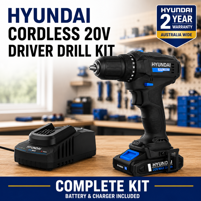 Hyundai 20V 40Nm Cordless Driver Drill, 2Ah Battery and Charger Kit, 2-Speed, LED Light, 13 mm Chuck