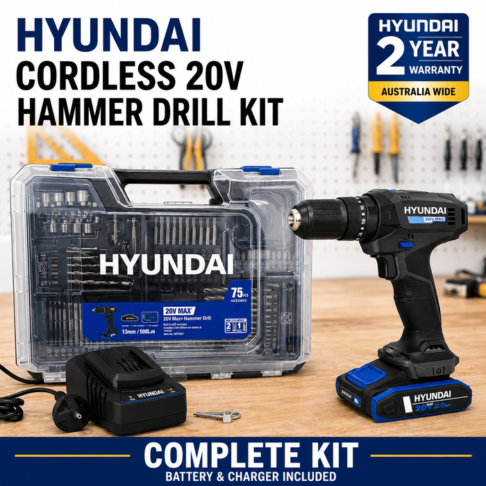 Hyundai 20V Hammer Drill Complete Kit - Hammer Drill + 75 Accessories, 2Ah Battery, Charger & Carry Case - Homeowner's Starter Kit