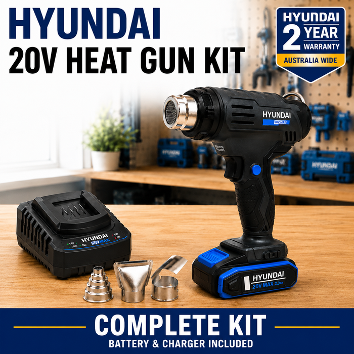 Hyundai 20V Cordless Heat Gun Kit – 2 Temp Settings (350°C/550°C), Auto Cooldown, Lock-On Switch + 20V 2Ah Lithium-Ion Battery & Charger Kit