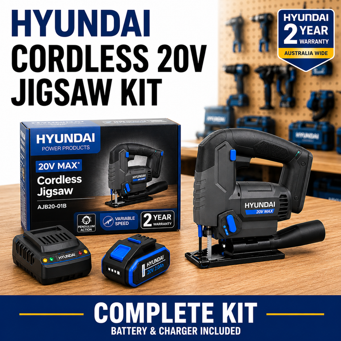Hyundai 20V Cordless Jig Saw Kit – Battery & Fast Charger Included, 2500 SPM Power Saw, Cuts Wood Plastic & Steel, DIY Renovation Cutting Tool