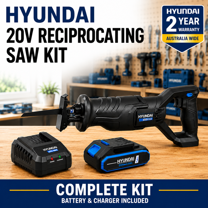 Hyundai 20V Cordless Reciprocating Saw Kit – 100mm Wood Cut, Tool-Free Blade Change, Variable Speed + 20V 2Ah Lithium-Ion Battery & Charger Kit