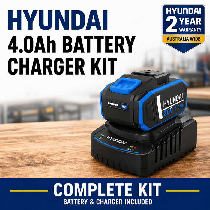 Hyundai 4.0Ah battery charger kit with a black and blue battery pack resting on a matching charger, set against a blurred workshop background with promotional text and a 'Hyundai 2 Year Warranty Australia Wide' badge.