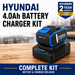 Hyundai 4.0Ah battery charger kit with a black and blue battery pack resting on a matching charger, set against a blurred workshop background with promotional text and a 'Hyundai 2 Year Warranty Australia Wide' badge.