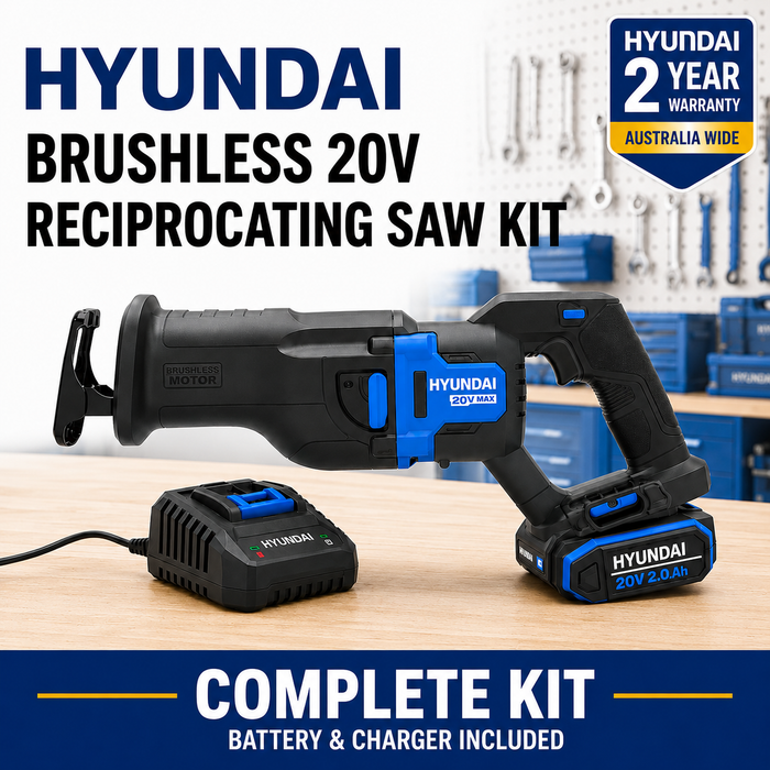 Hyundai 20V Brushless Reciprocating Saw Kit – 300mm Cutting Capacity, 2.0Ah Battery & Fast Charger Included – Cordless Demolition & Pruning Saw