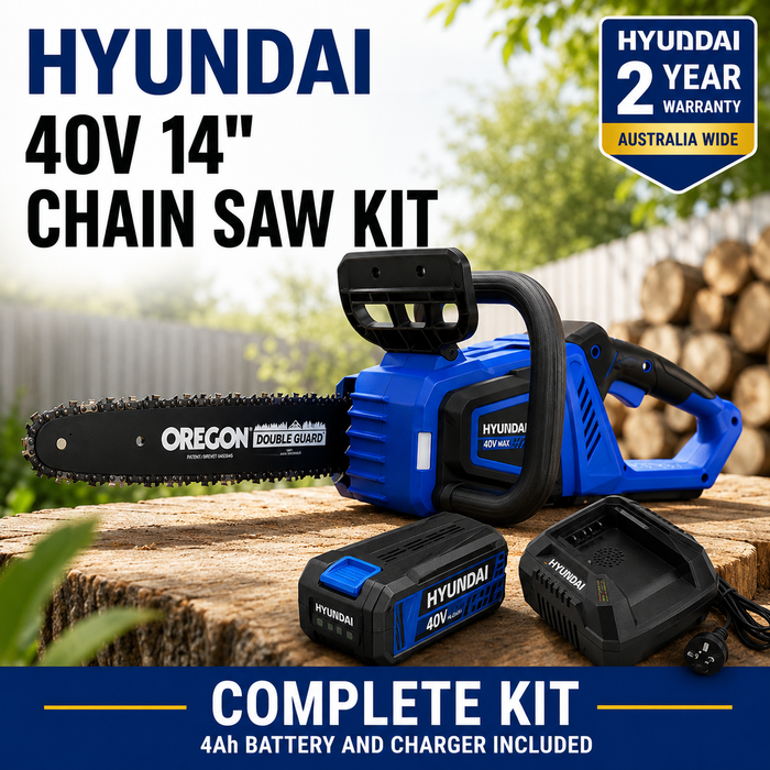 Hyundai 40V Battery Chain Saw Starter Kit– 14" Oregon Bar, 4Ah Battery + Charger, Safe & Eco-Friendly
