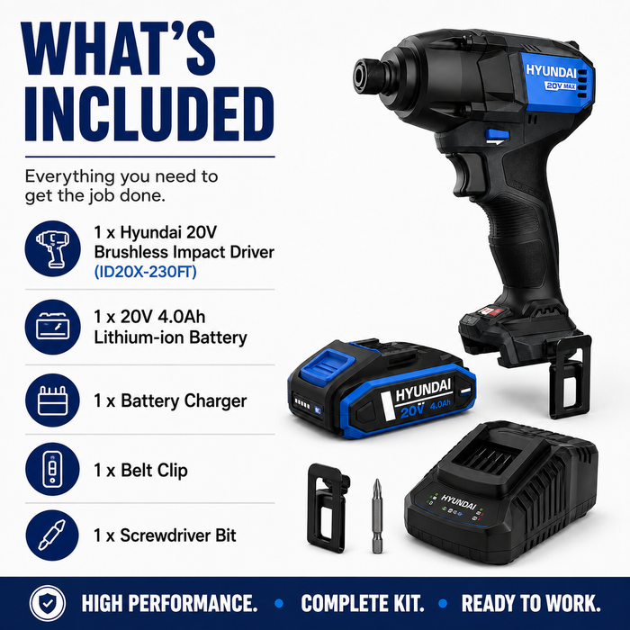 Hyundai 20V Brushless Impact Driver Kit – 230Nm, 3-Speed, LED, 4Ah Battery & Charger