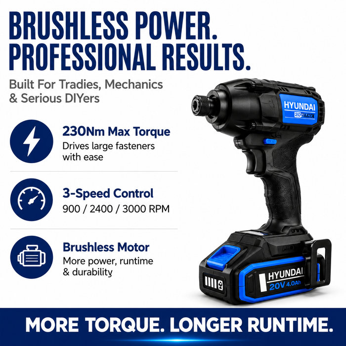 Hyundai 20V Brushless Impact Driver Kit – 230Nm, 3-Speed, LED, 4Ah Battery & Charger