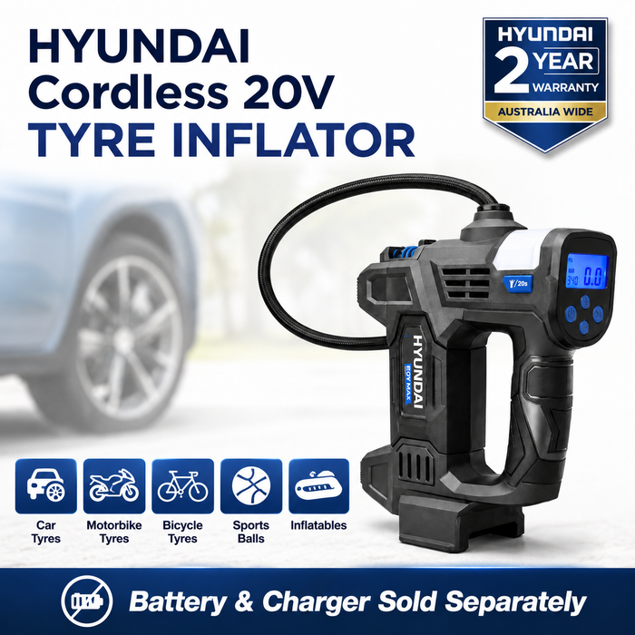 Hyundai 20V Cordless Tyre Inflator – Digital PSI Gauge, Auto Shutoff, Work Light & Emergency Beacon – Skin Only