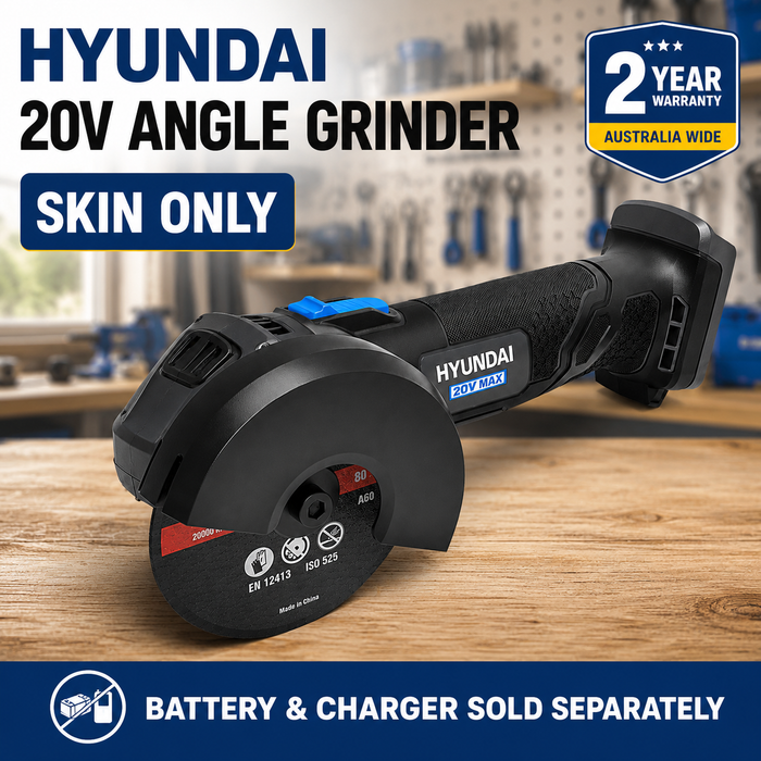 Hyundai 20V Mini Angle Grinder – 19500rpm, 76mm Disc, Tool-Free Guard - Skin Only