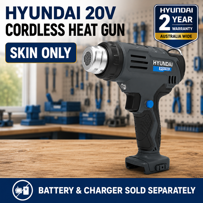 Hyundai 20V Cordless Heat Gun – 2 Temp Settings (350°C/550°C), Auto Cooldown, Lock-On Switch – Skin Only