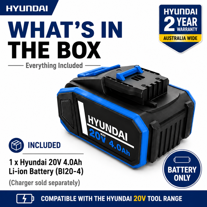 Hyundai 20V 4Ah Lithium-Ion Battery - for Hyundai 20V Cordless Power Tools- Lightweight, Reliable & Compatible