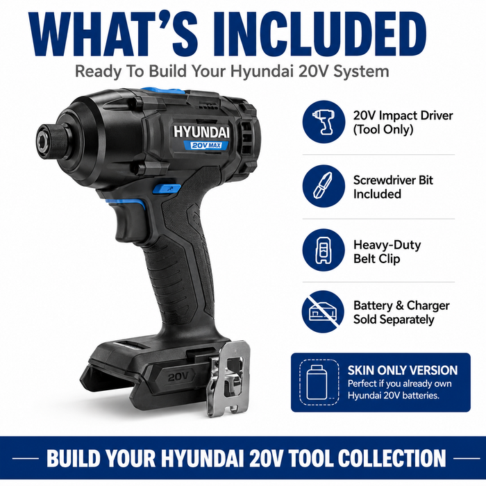 Hyundai 20V Cordless Impact Driver – 180Nm Torque, 3000ipm, LED Light, Variable Speed - Skin Only