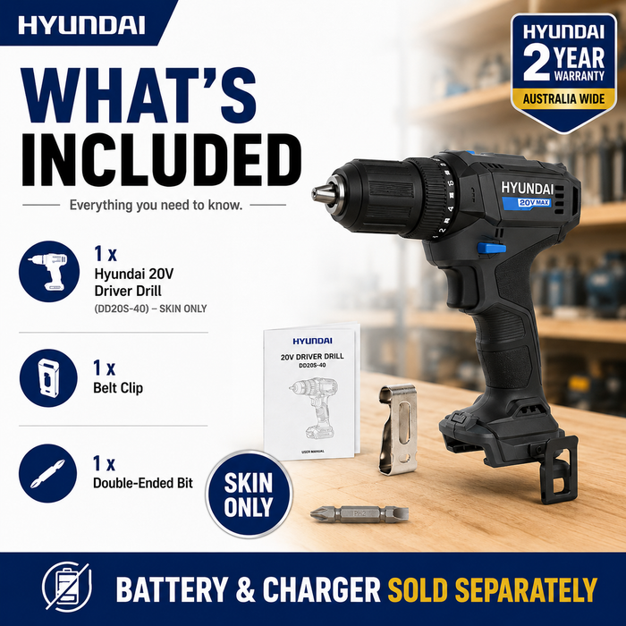 Hyundai 20V Cordless Driver Drill – 40Nm Torque, 2-Speed, LED Light, 13mm Chuck - Skin Only