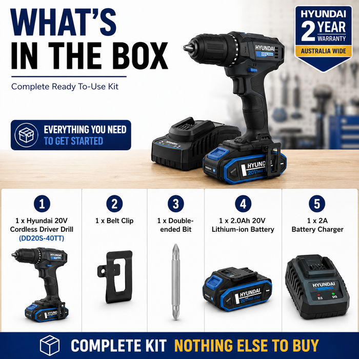 Hyundai 20V 40Nm Cordless Driver Drill, 2Ah Battery and Charger Kit, 2-Speed, LED Light, 13 mm Chuck