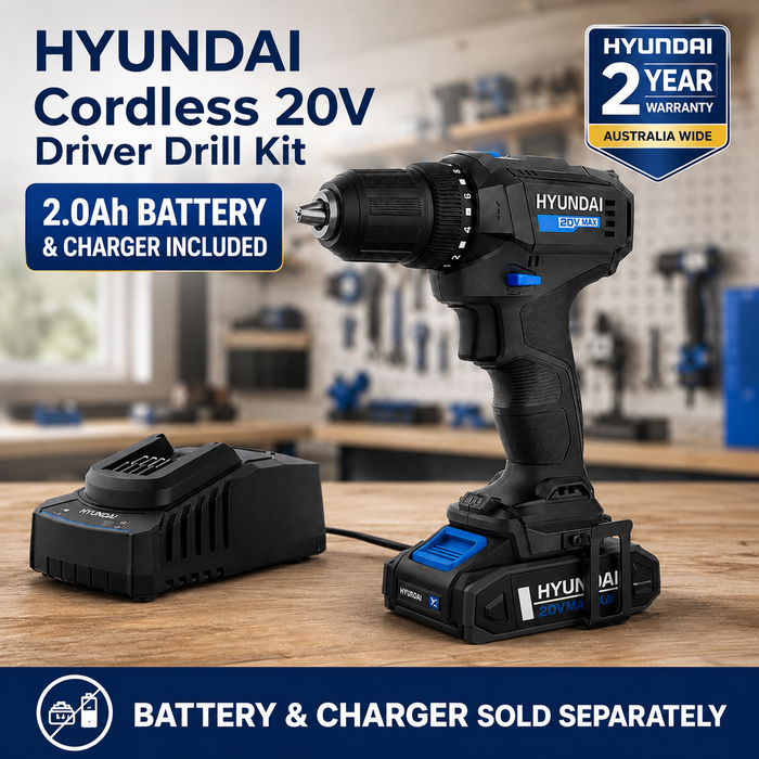 Hyundai 20V 40Nm Cordless Driver Drill, 2Ah Battery and Charger Kit, 2-Speed, LED Light, 13 mm Chuck