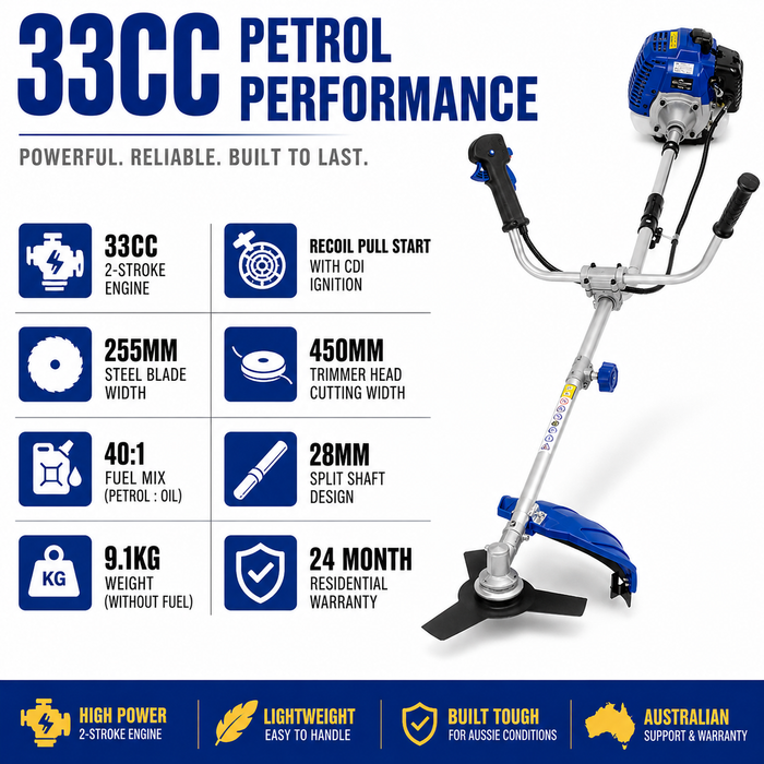 Hyundai 33cc Petrol Grass Trimmer / Brush Cutter – Lightweight, High Power, Easy Start, Harness Included