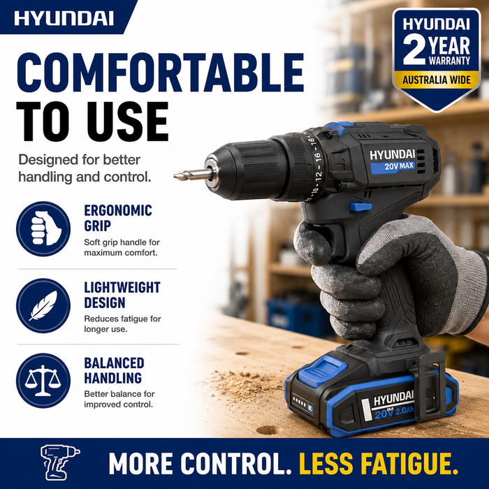 Hyundai 20V 40Nm Cordless Driver Drill, 2Ah Battery and Charger Kit, 2-Speed, LED Light, 13 mm Chuck